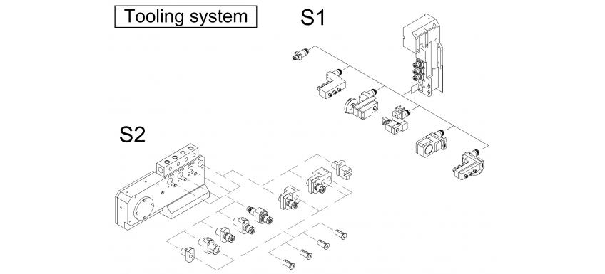 7 axes Swiss type CNC lathe tooling layout